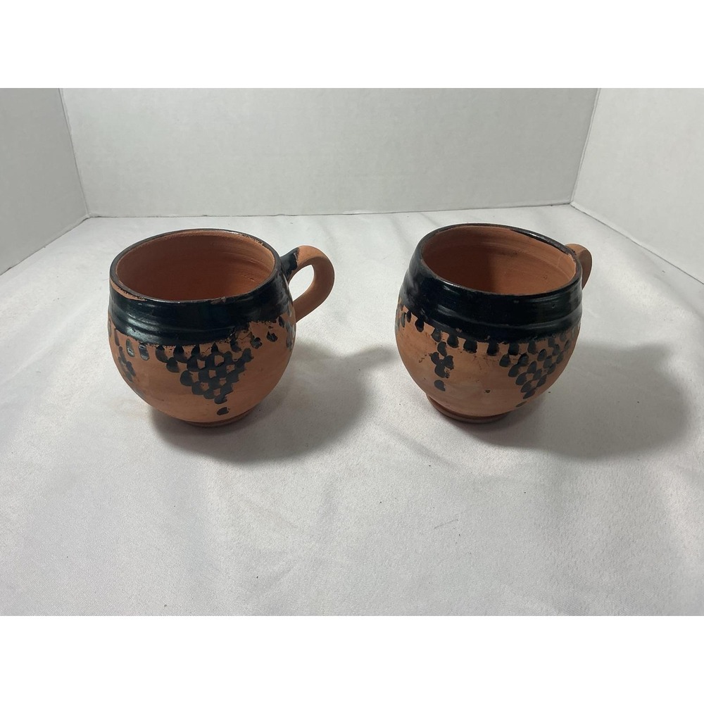 Handmade Terracotta Clay Mugs Set of 2 Rustic Black Painted Folk Art Pottery